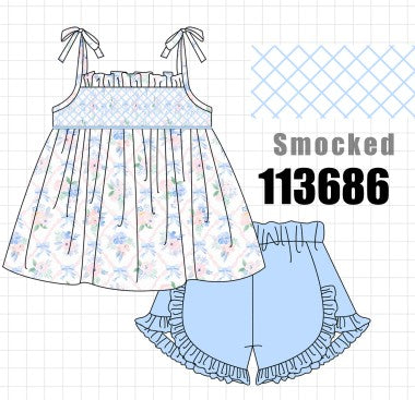 Blue Floral Smocked Ruffle Shorts Set