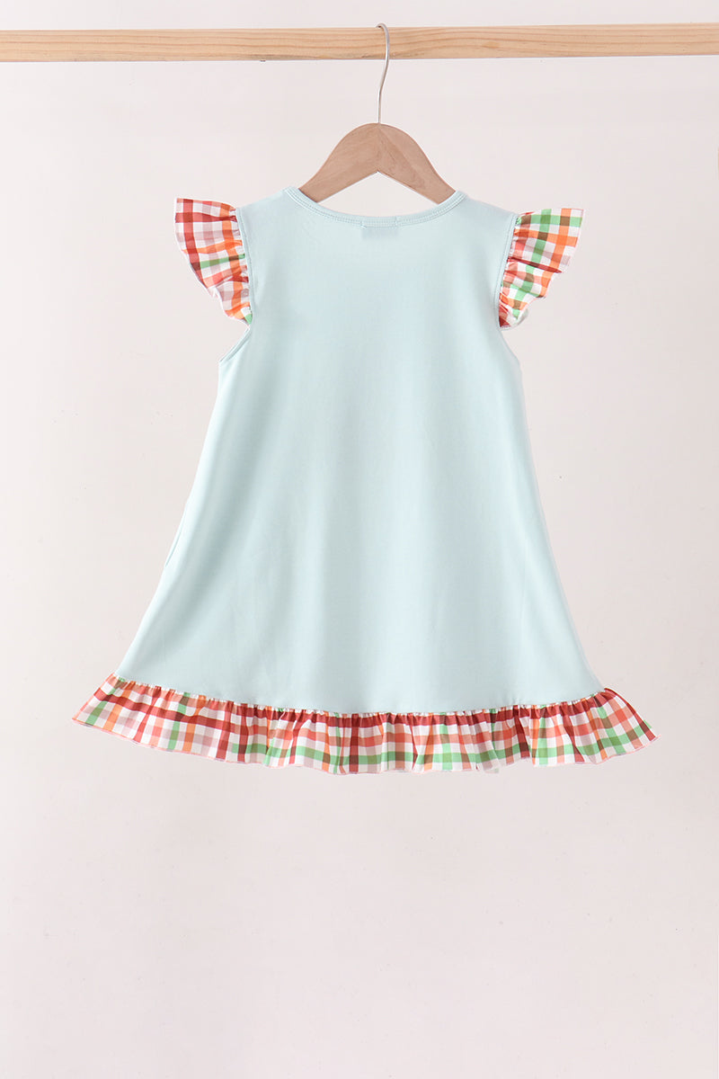 Blue Puppy Pumpkin Embroidery Gingham Ruffle Dress
