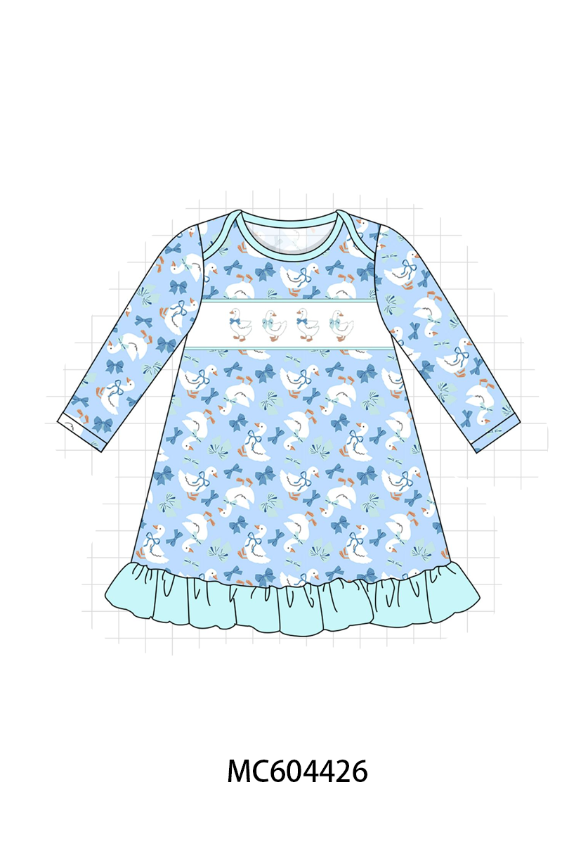 Blue goose bow embroidery ruffle dress