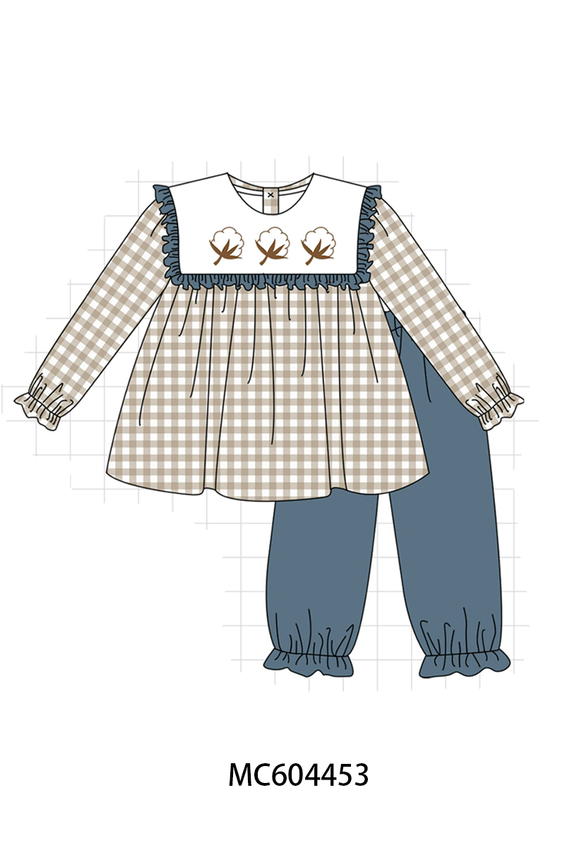 Teal cotton embroidery gingham ruffle pants set