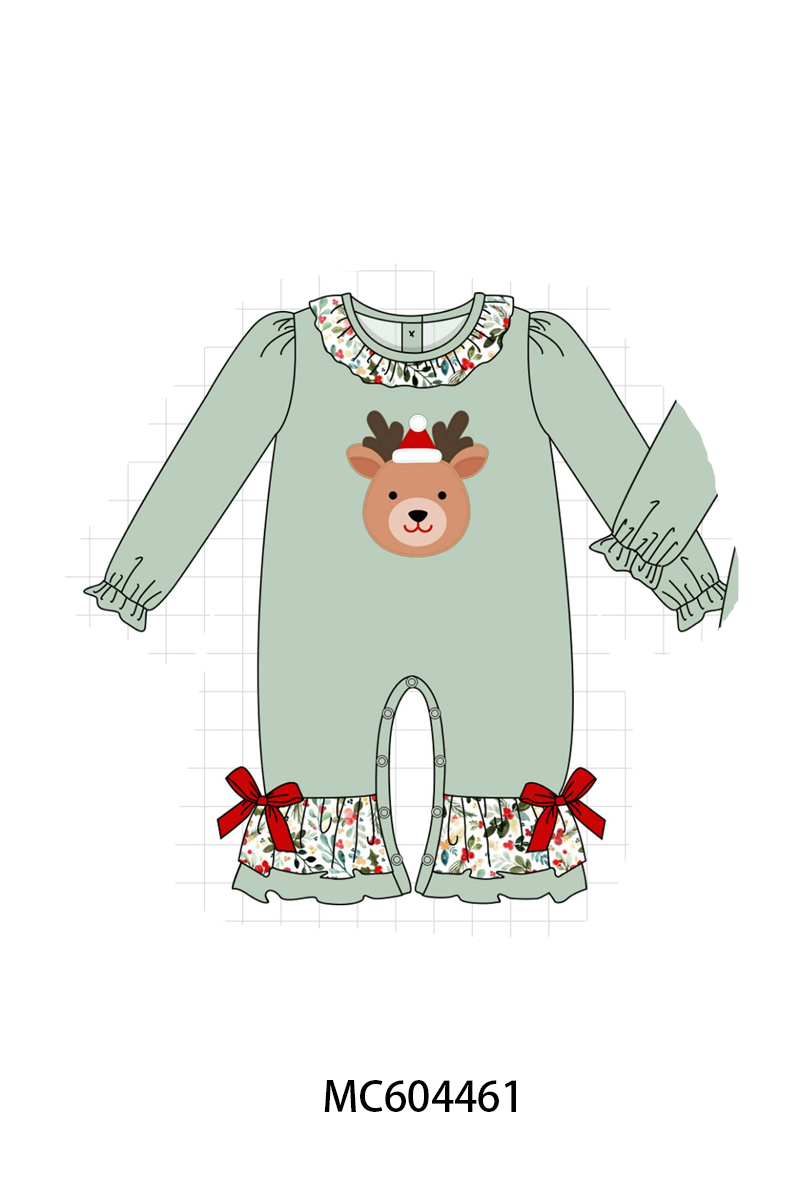 Sage Reindeer Applique Ruffle Romper
