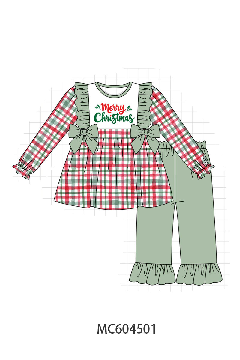 Green merry christmas embroidery plaid ruffle pants set