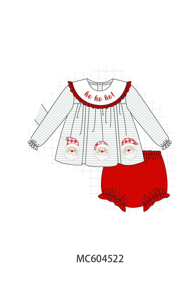 Sage santa applique stripe bloomer set