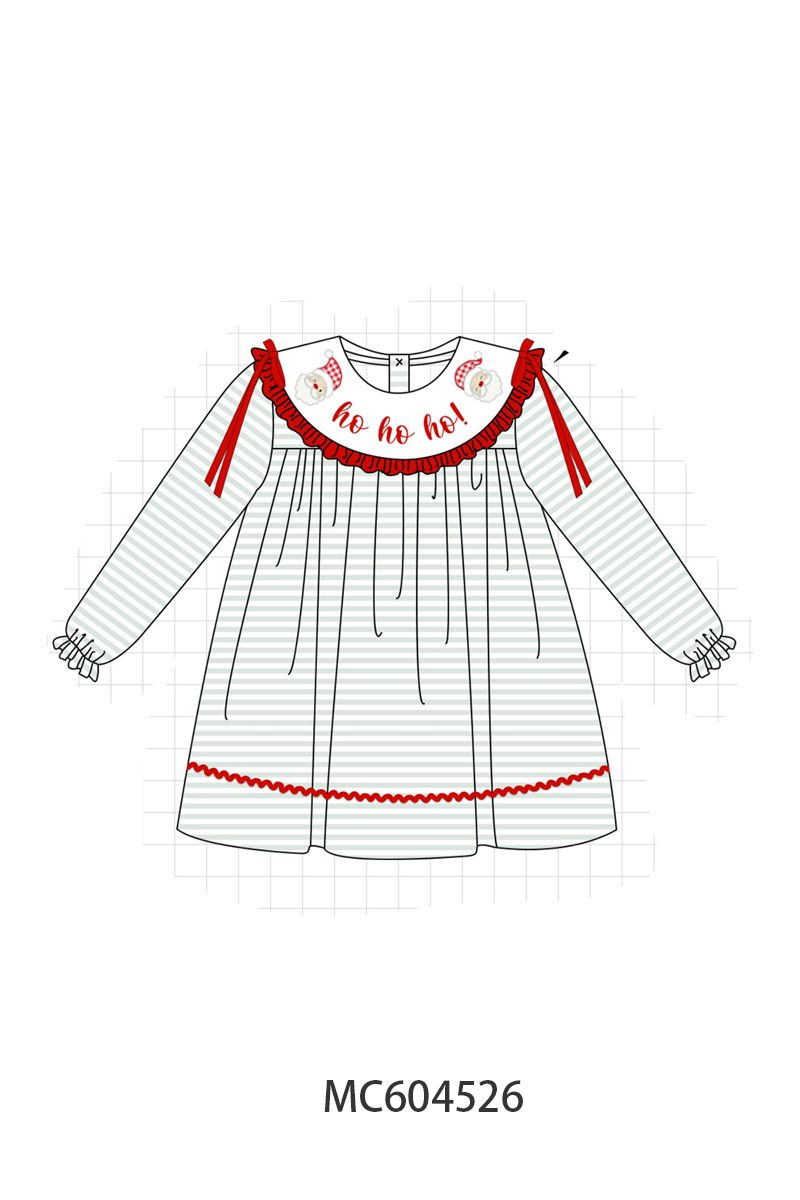 Sage santa applique gingham ruffle stripe dress