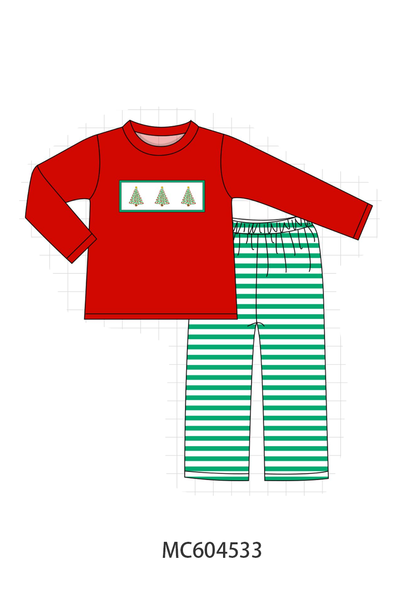 Red Christmas Tree Embroidery Stripe Pants Set