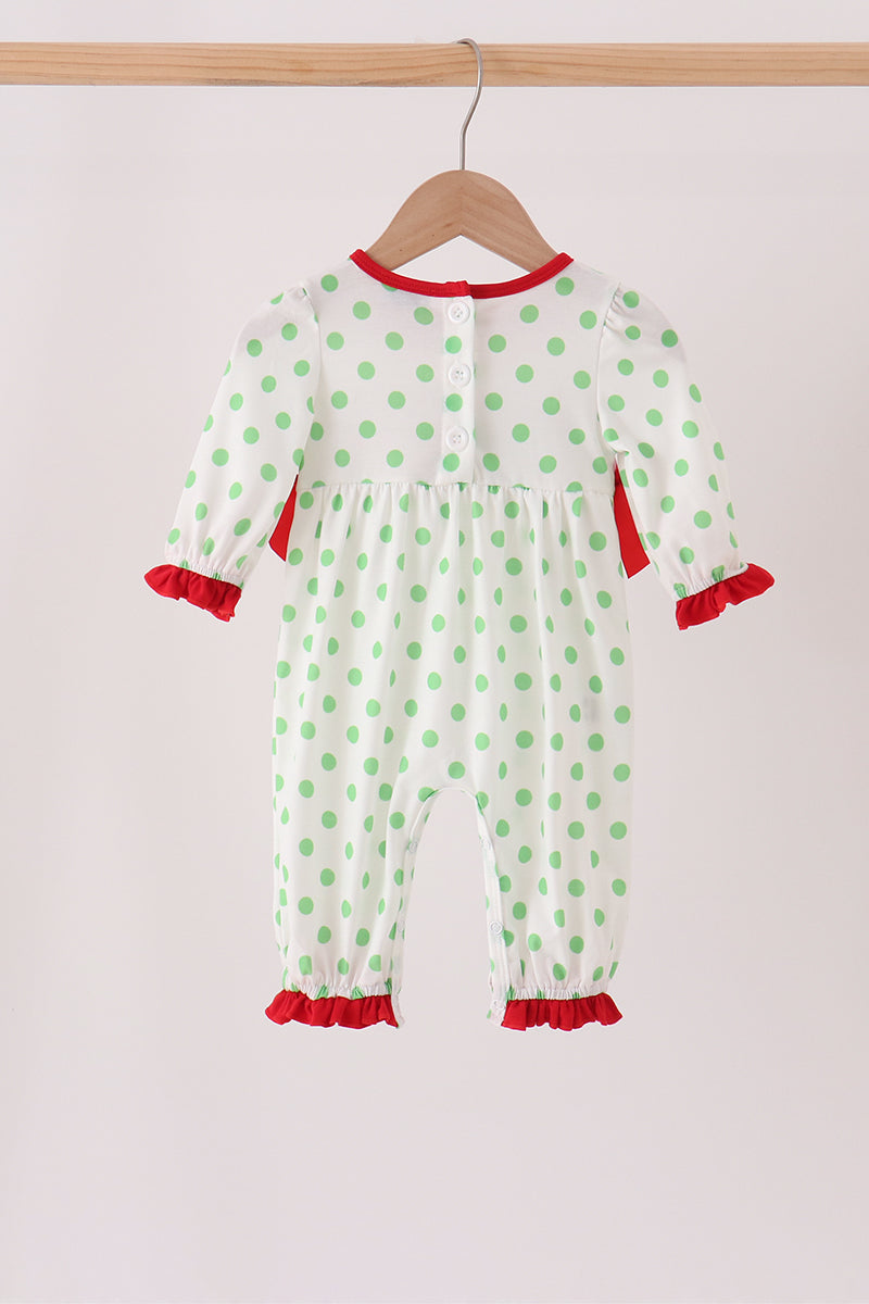 Green grinch embroidery ruffle dot romper
