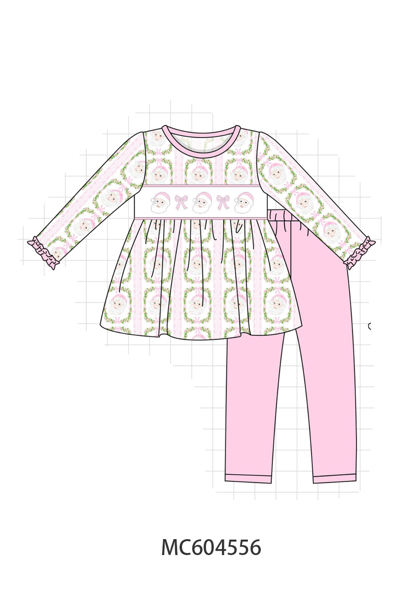 Pink Santa Bow Embroidery Pants Set