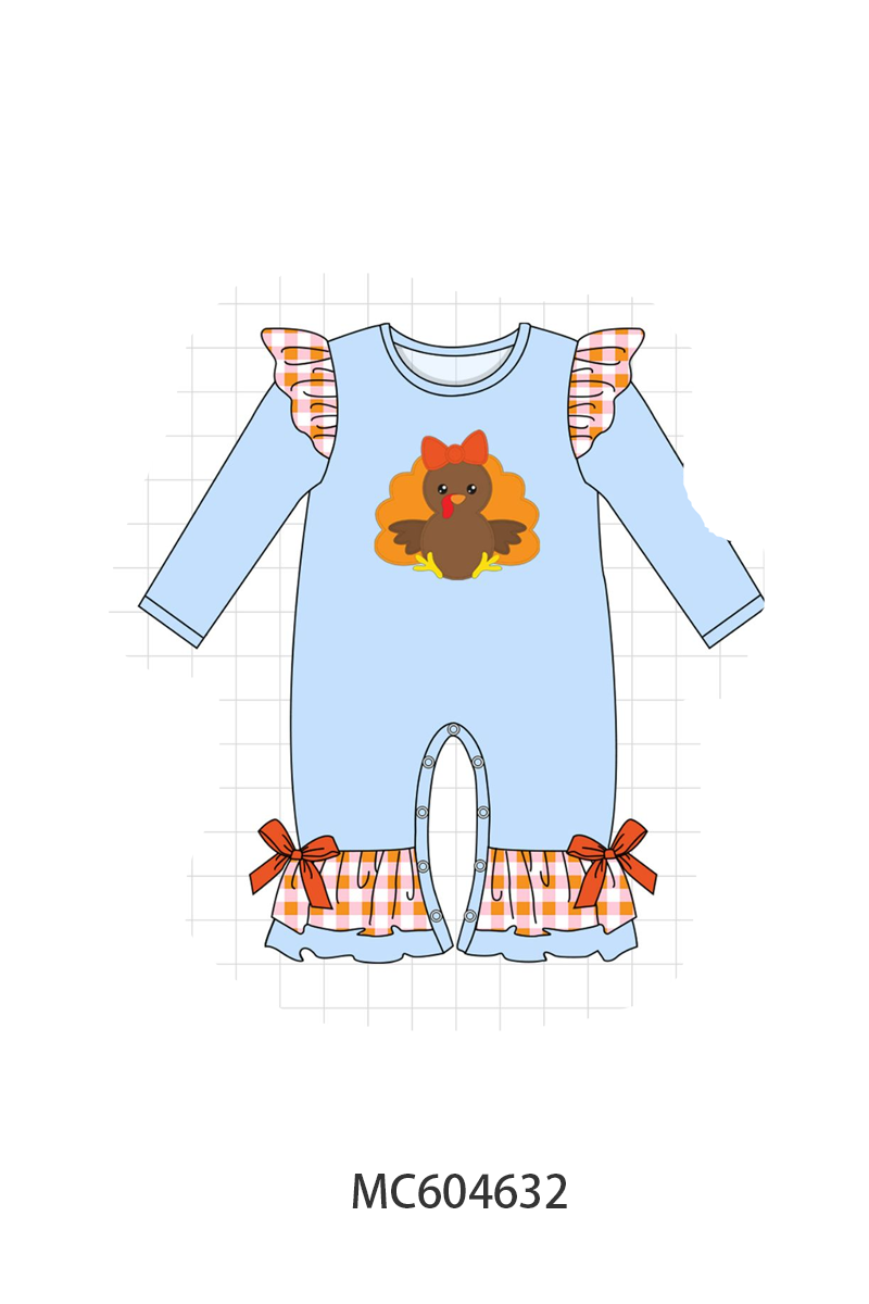 Blue Turkey Applique Ruffle Romper