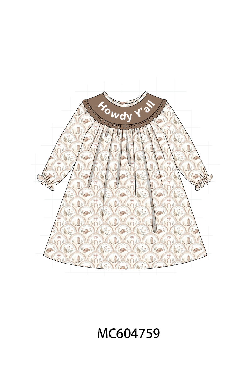 Brown Howdy Y'ALL embroidery ruffle dress