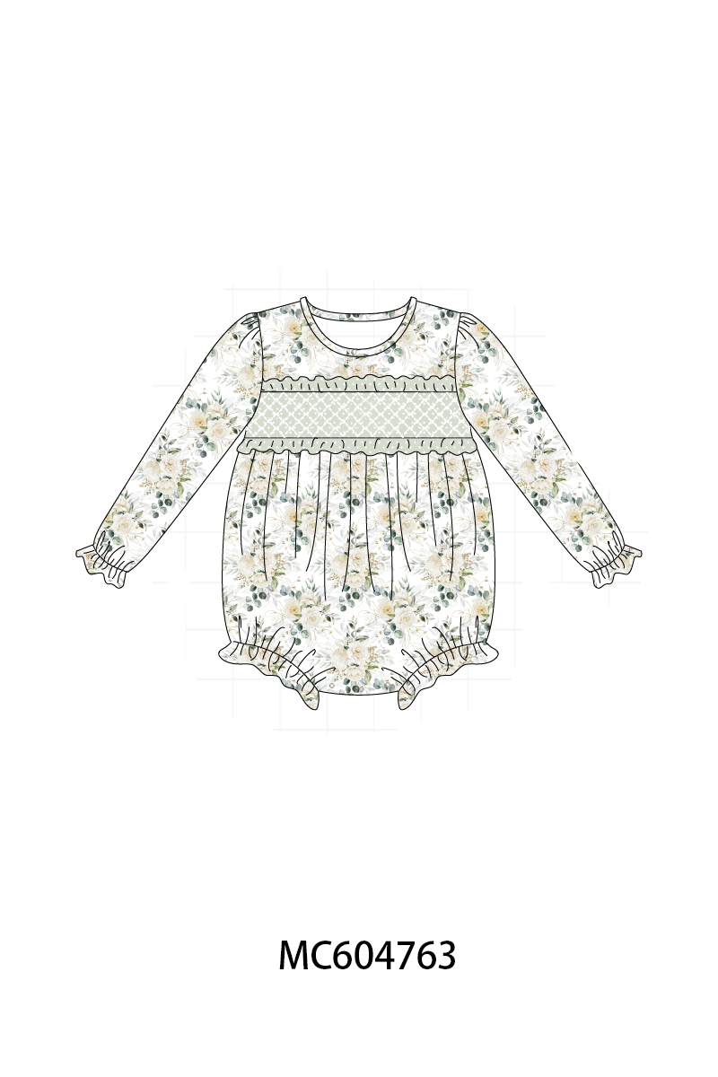 Sage floral smocked ruffle bubble