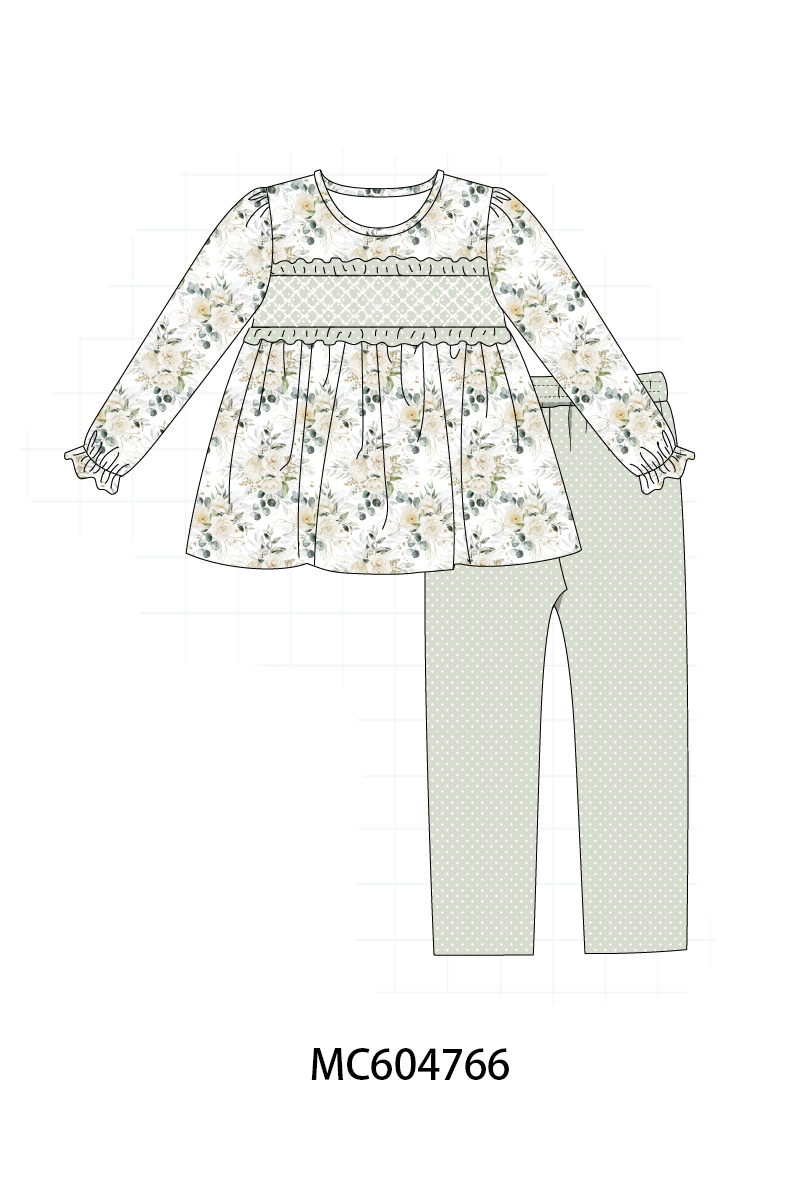 Sage floral smocked ruffle pants set