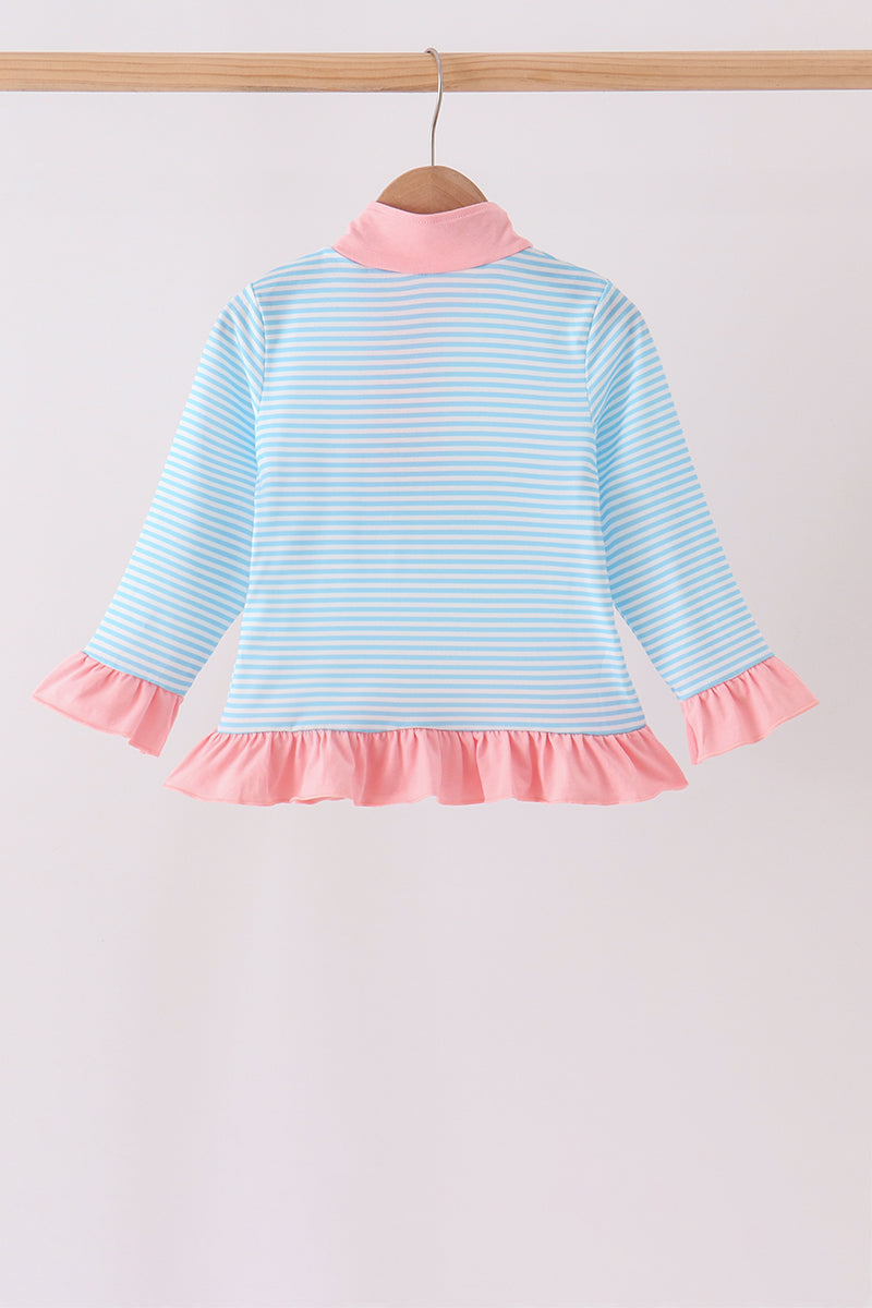 Blue Stripe Princess Embroidery Ruffle Pullover