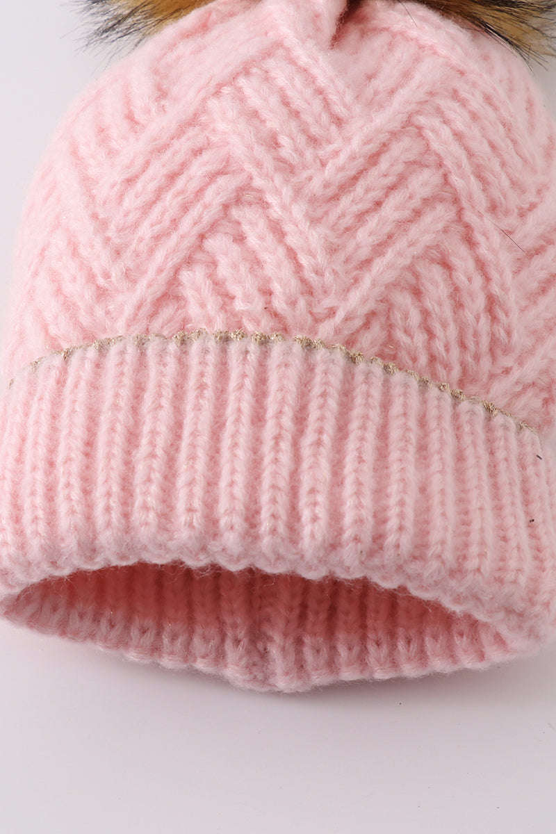 Pink cross cable knit pom pom beanie hat baby toddler adult