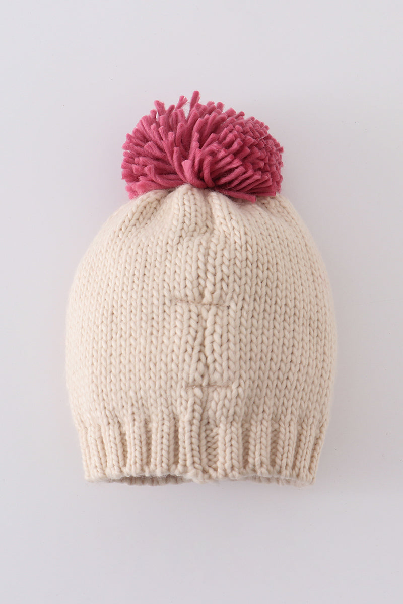 Cream XOXO knit beanie pom pom hat