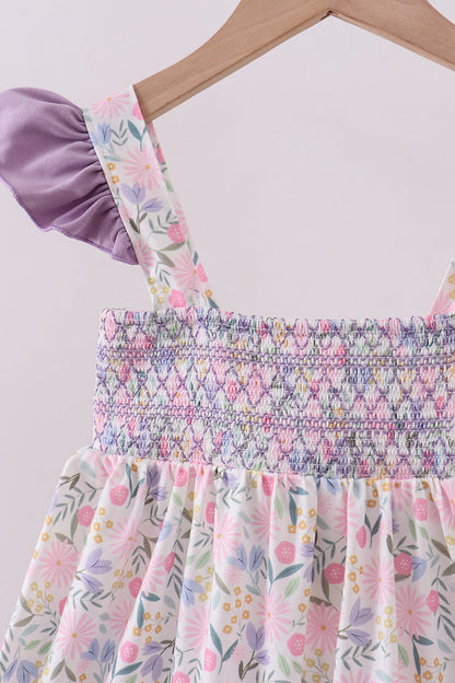 Purple floral smocked ruffle dress