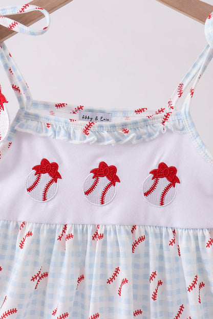 Baseball applique ruffle gingham dress