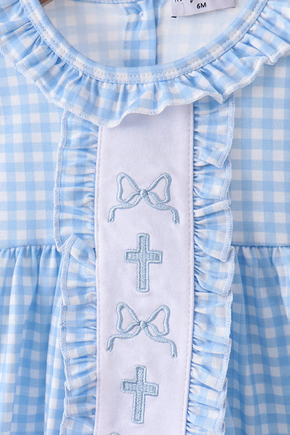 Blue cross bow embroidery ruffle gingham bloomer set