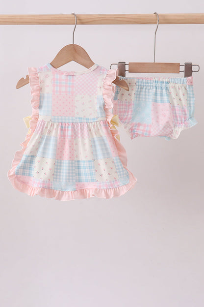 Pink Floral Print Checkered Bloomer Set