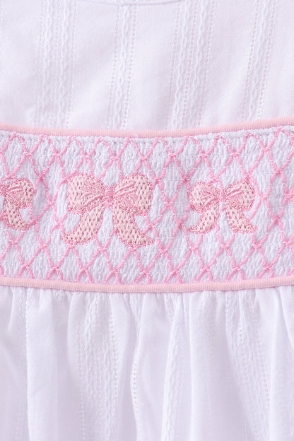 White Bow Smocked Jacquard Dress