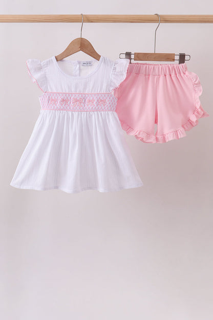 White Bow Smocked Jacquard Ruffle Shorts Set
