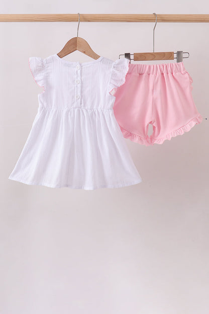 White Bow Smocked Jacquard Ruffle Shorts Set