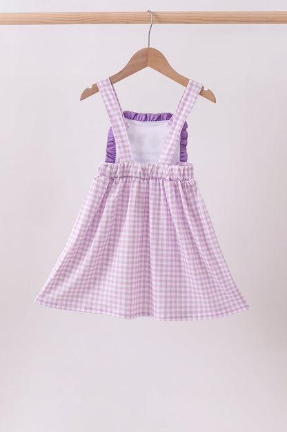 Purple floral embroidery gingham ruffle dress