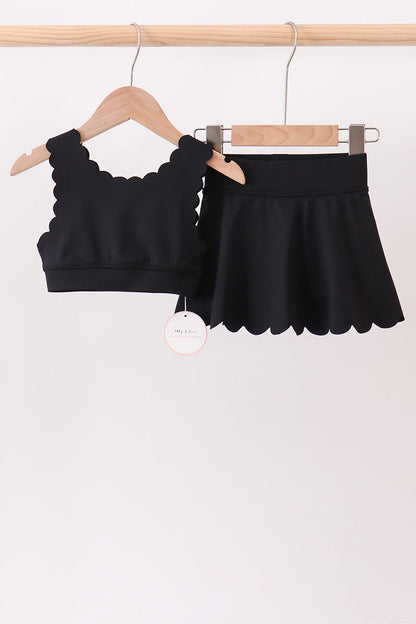 Black Scalloped Yoga Skorts Set