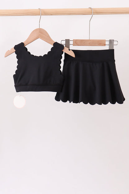 Black Scalloped Yoga Skorts Set
