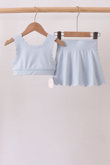 Blue Scalloped Yoga Skorts Set