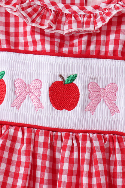 Red Apple Bow Smocked Gingham Ruffle Shorts Set
