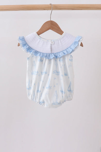 Blue Sailboat Smocked Ruffle Bubble