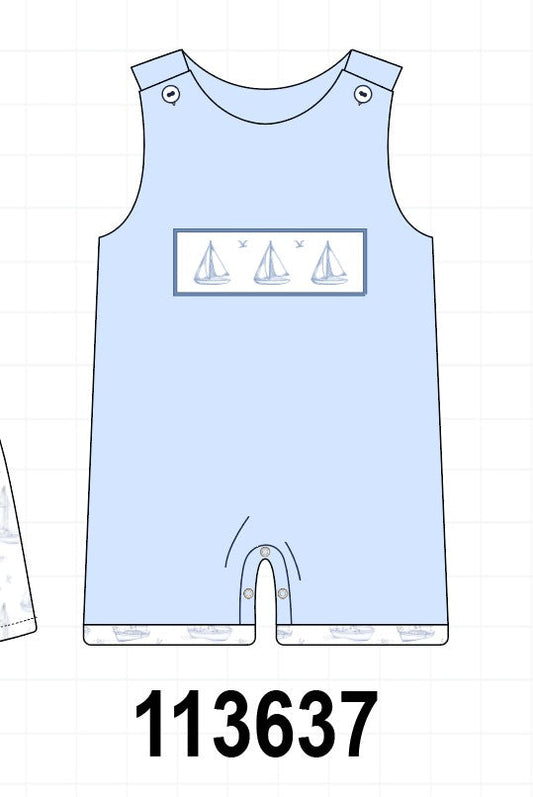 Blue Sailboat Embroidered Jon Jon
