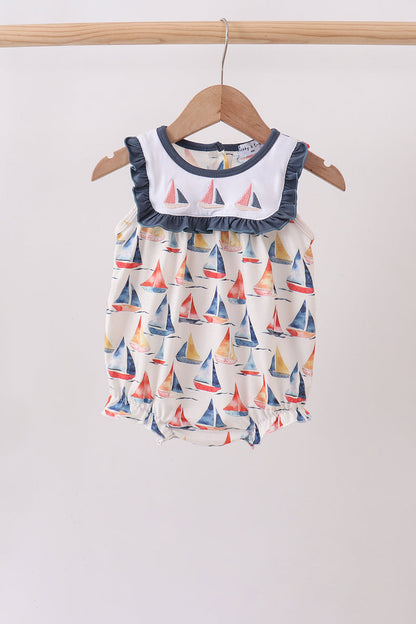 Blue Sailboat Embroidered Ruffle Bubble