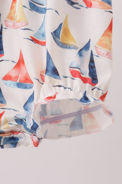Blue Sailboat Embroidered Ruffle Bubble