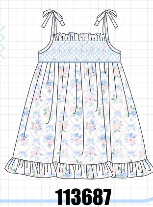 Blue Floral Smocked Ruffle Dress