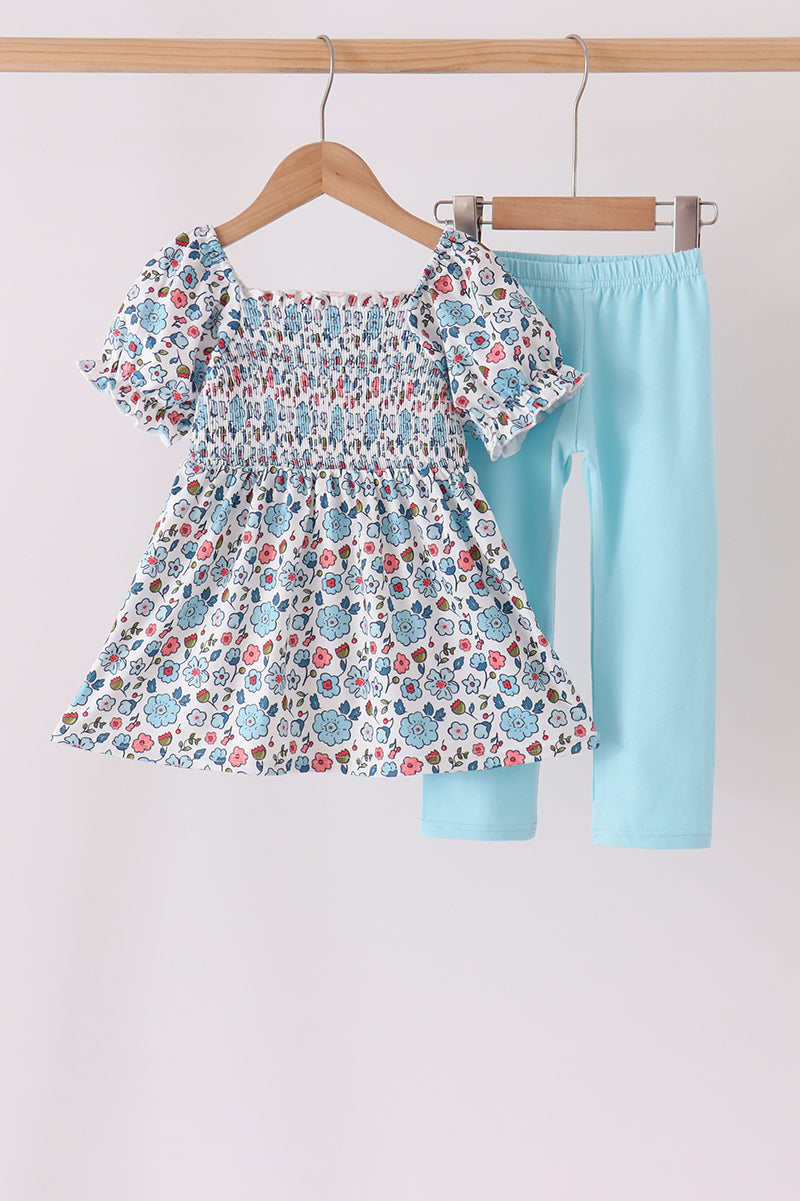 Blue floral smocked ruffle pants set