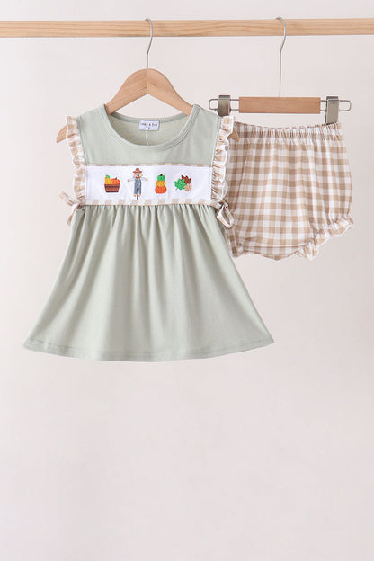 Green Scarecrow Embroidery Bloomer Set
