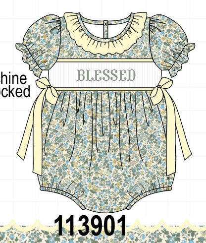 Sage Floral Blessed Smocked Ruffle Bubble