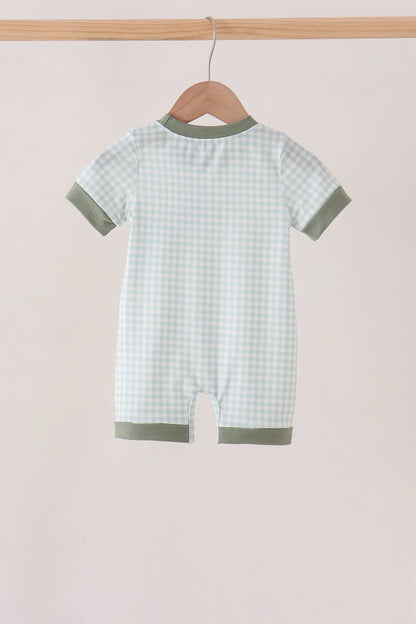 Sage pumpkin embroidery gingham romper