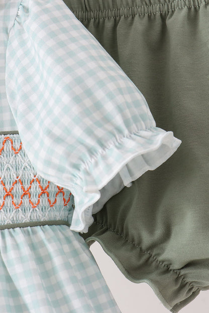 Sage pumpkin smocked gingham bloomer set