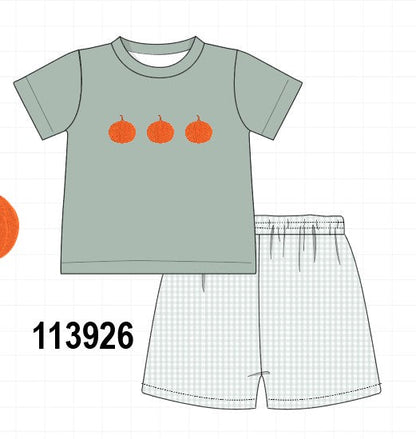 Sage pumpkin embroidery gingham shorts set