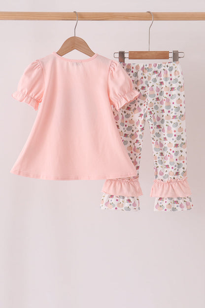 Pink pumpkin bow applique ruffle pants set