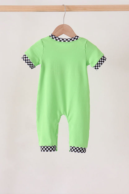 Green car embroidery checkered romper