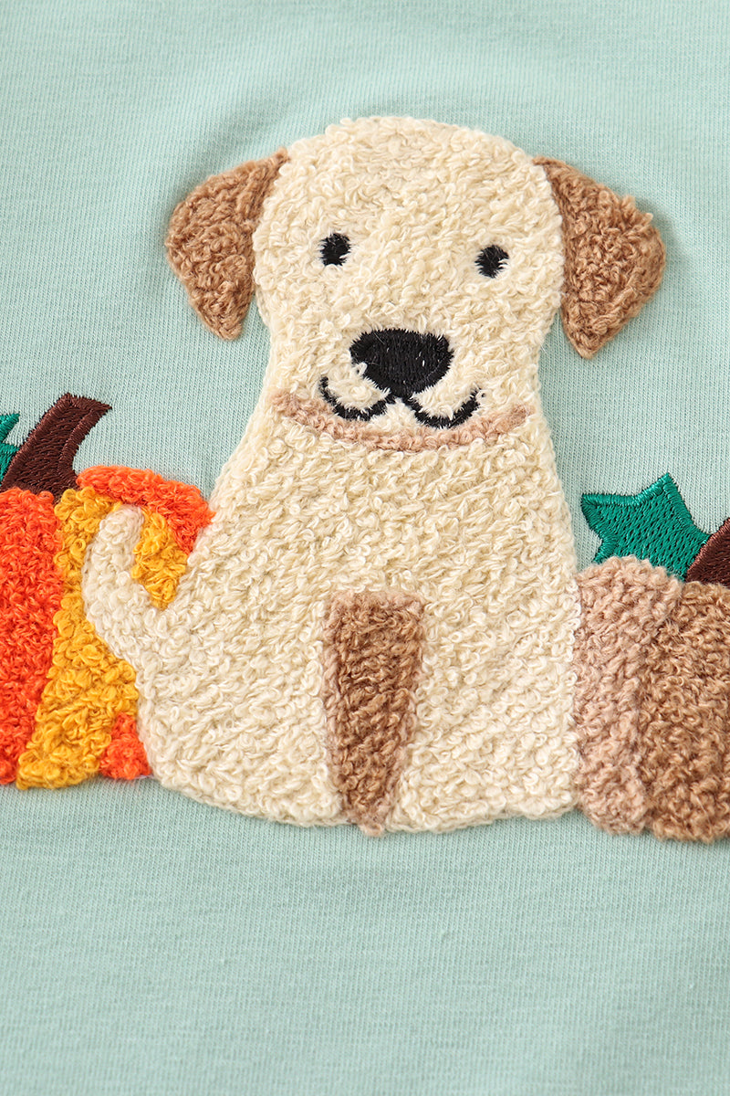 Green dog pumpkin french knot boy top