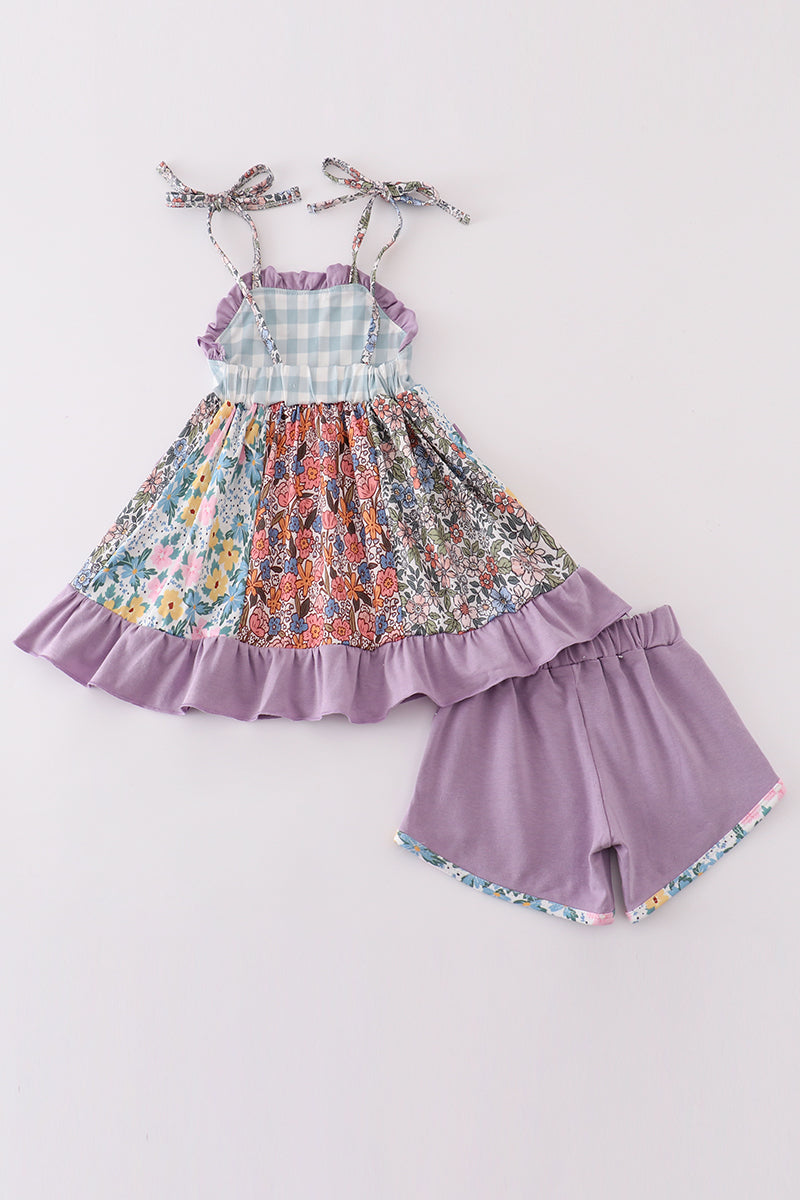 Purple floral print ruffle girl set