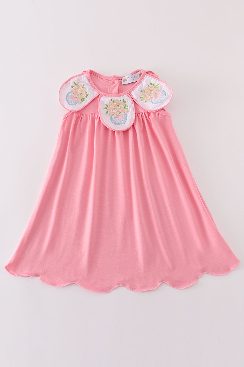 Pink floral embroidery girl dress