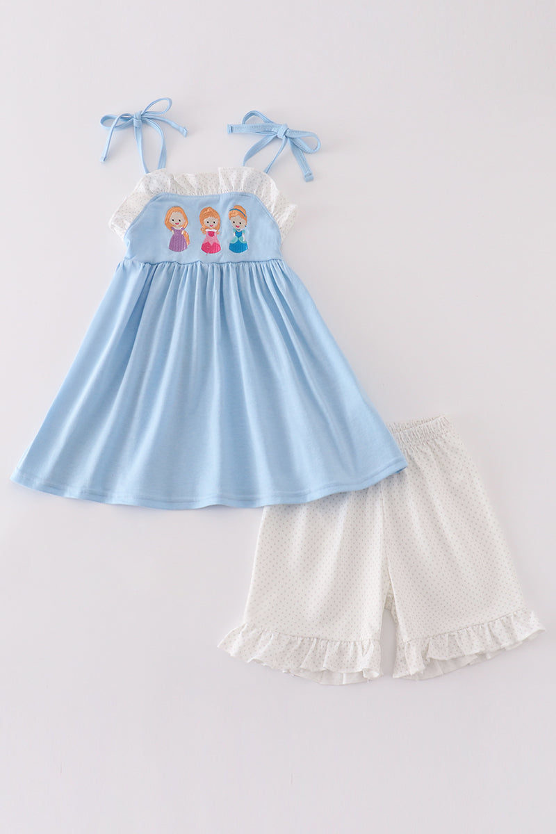 Blue princess embroidery ruffle girl set