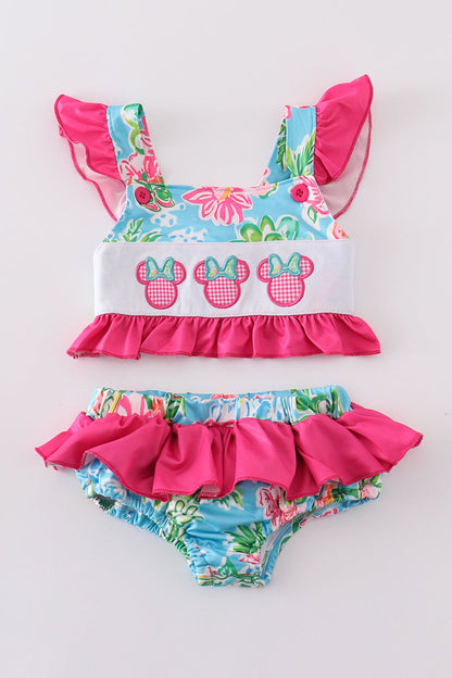 Pink floral character applique 2pc girl swimsuit