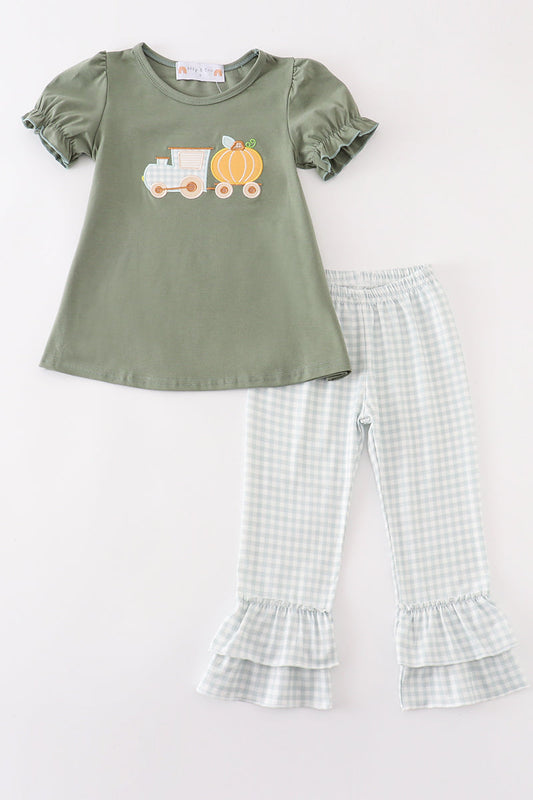 Green train pumpkin applique girl set