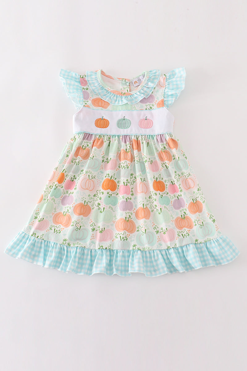 Blue pumpkin embroidery ruffle dress